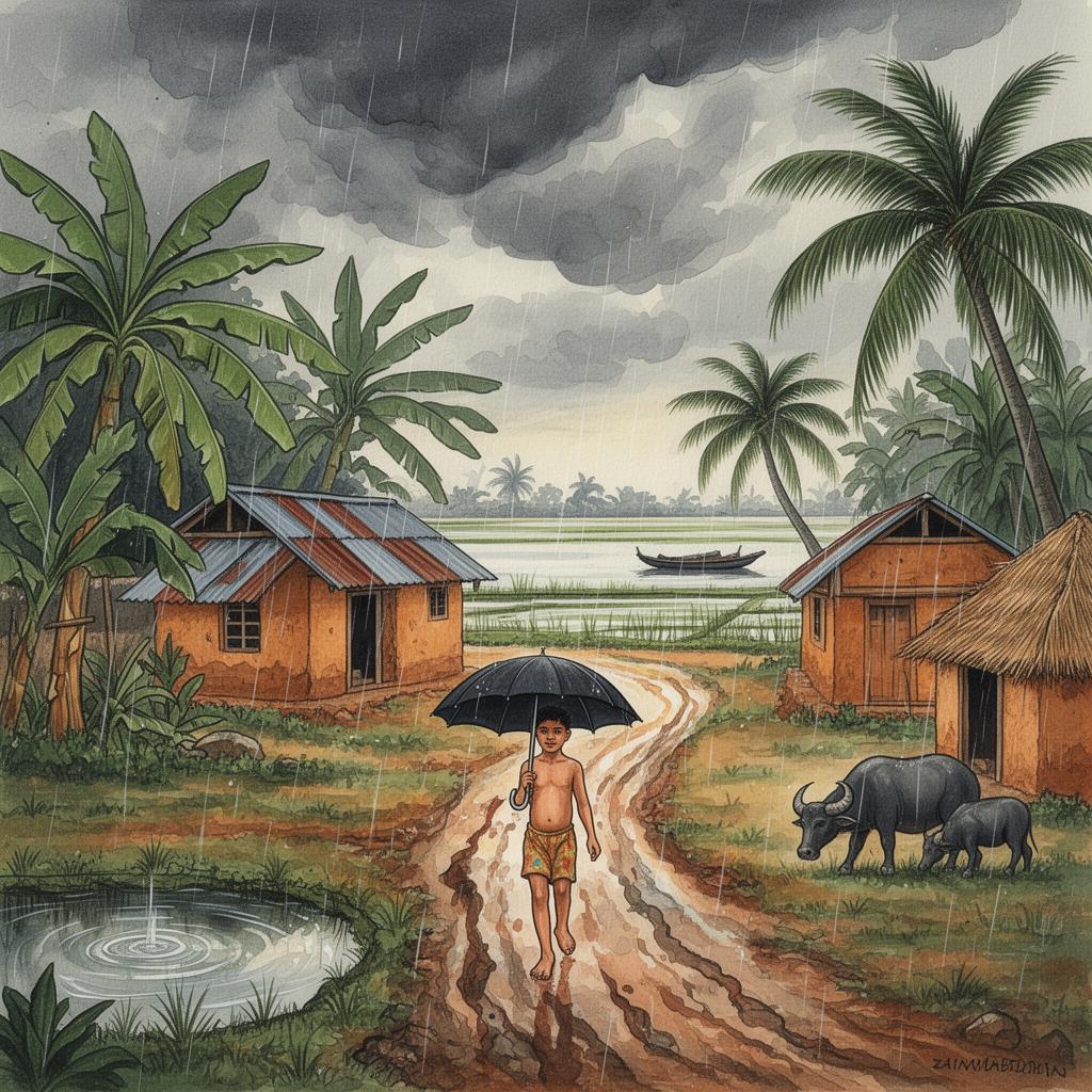 Borshar Gram — Bengali Folk · Watercolor from Bangladesh
