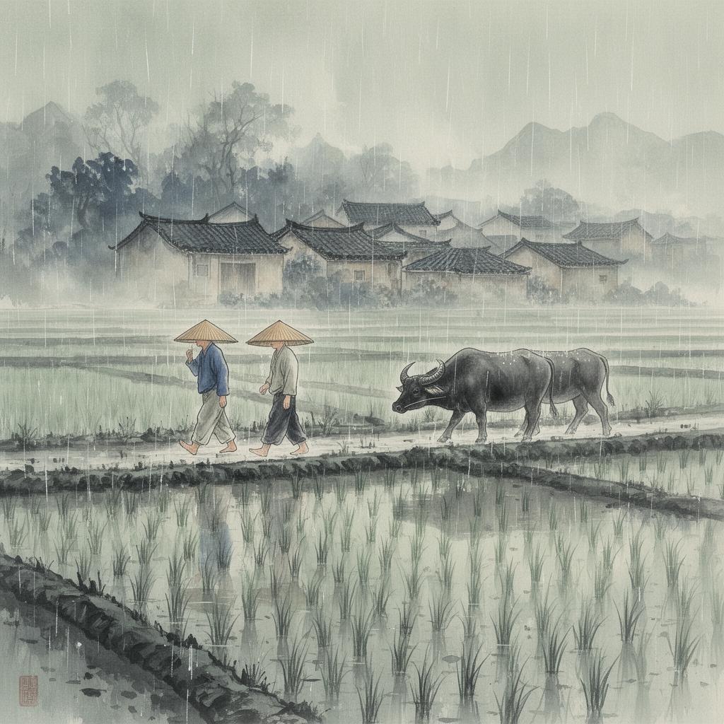 Rice Fields at Dawn — Watercolor · Folk Tradition from China